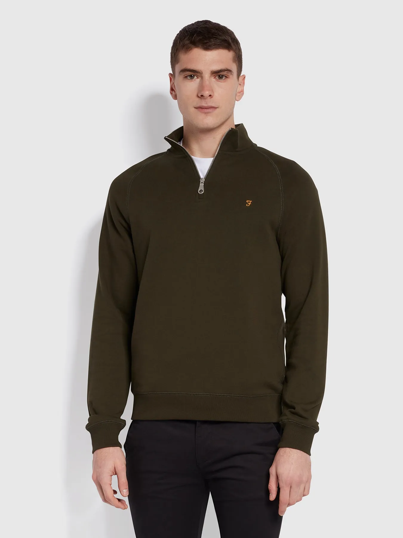 Jim Organic Cotton Quarter Zip Sweatshirt In Evergreen sold by Farah