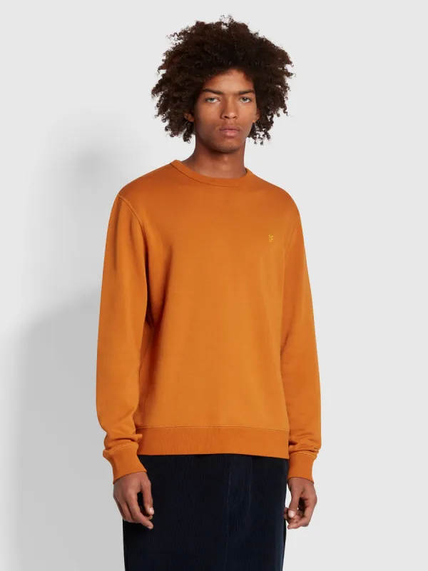 Tim Slim Fit Organic Cotton Crew Sweatshirt In Ochre Brown sold by Farah