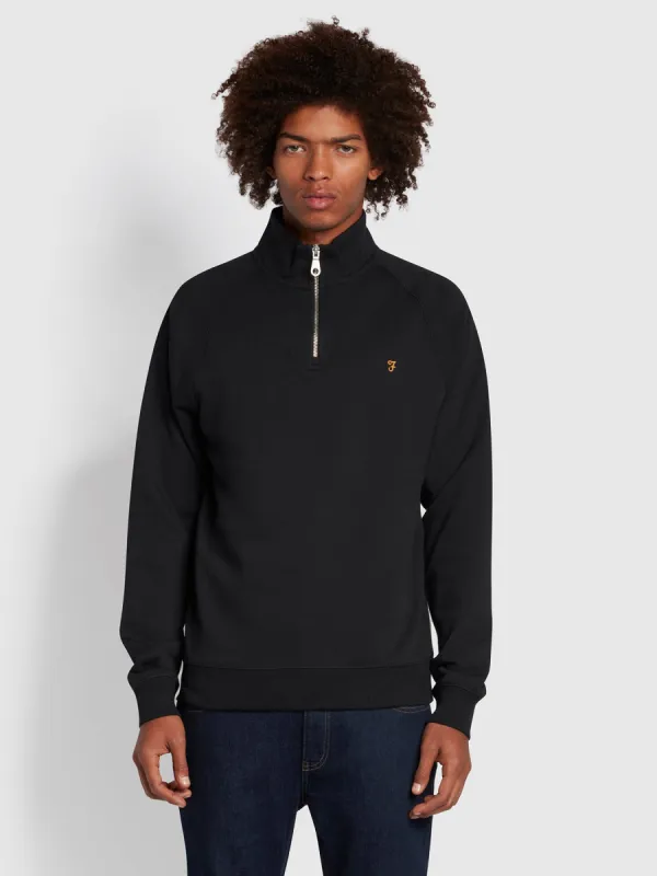 Jim Organic Cotton Quarter Zip Sweatshirt In Black sold by Farah