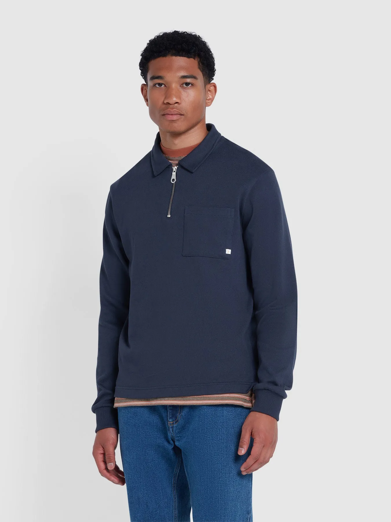 Creston Quarter Zip Rugby Sweatshirt In True Navy sold by Farah