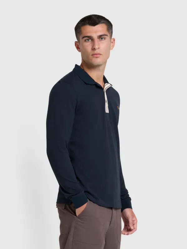 Drexler Organic Cotton Long Sleeve Polo Shirt In True Navy sold by Farah