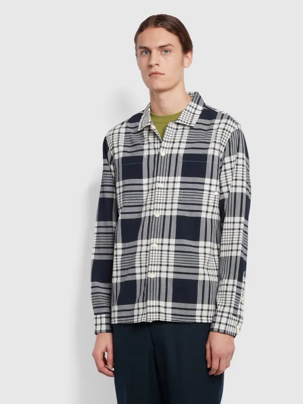 Trestles Relaxed Fit Long Sleeve Crepe Check Overshirt In True Navy sold by Farah
