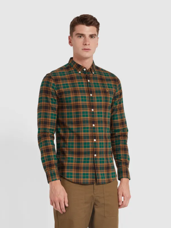 Brewer Slim Fit Check Organic Cotton Oxford Shirt In Botanic Green sold by Farah