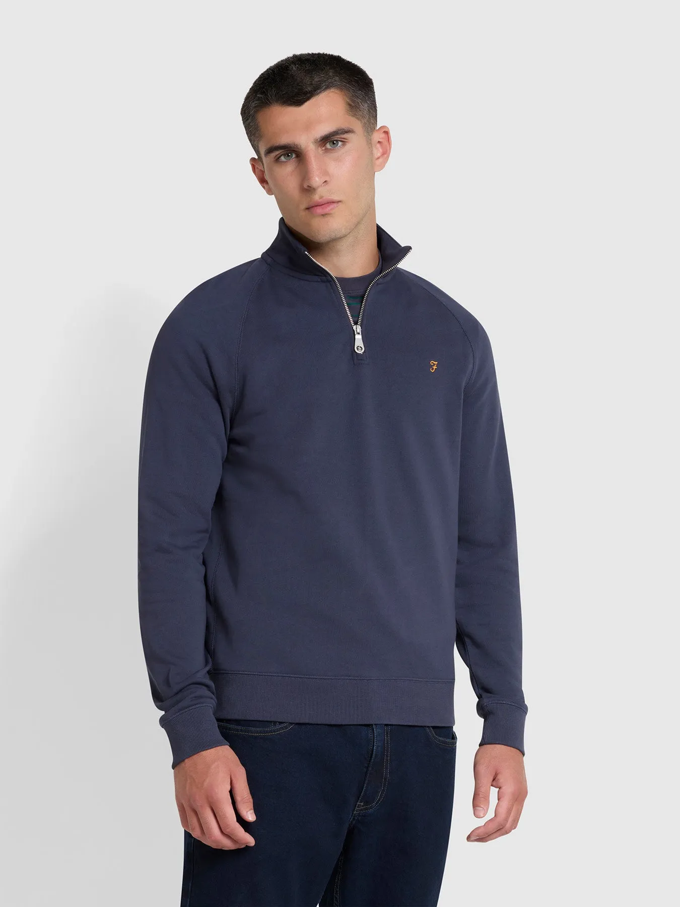 Jim Quarter Zip Sweatshirt In Liquorice Blue sold by Farah