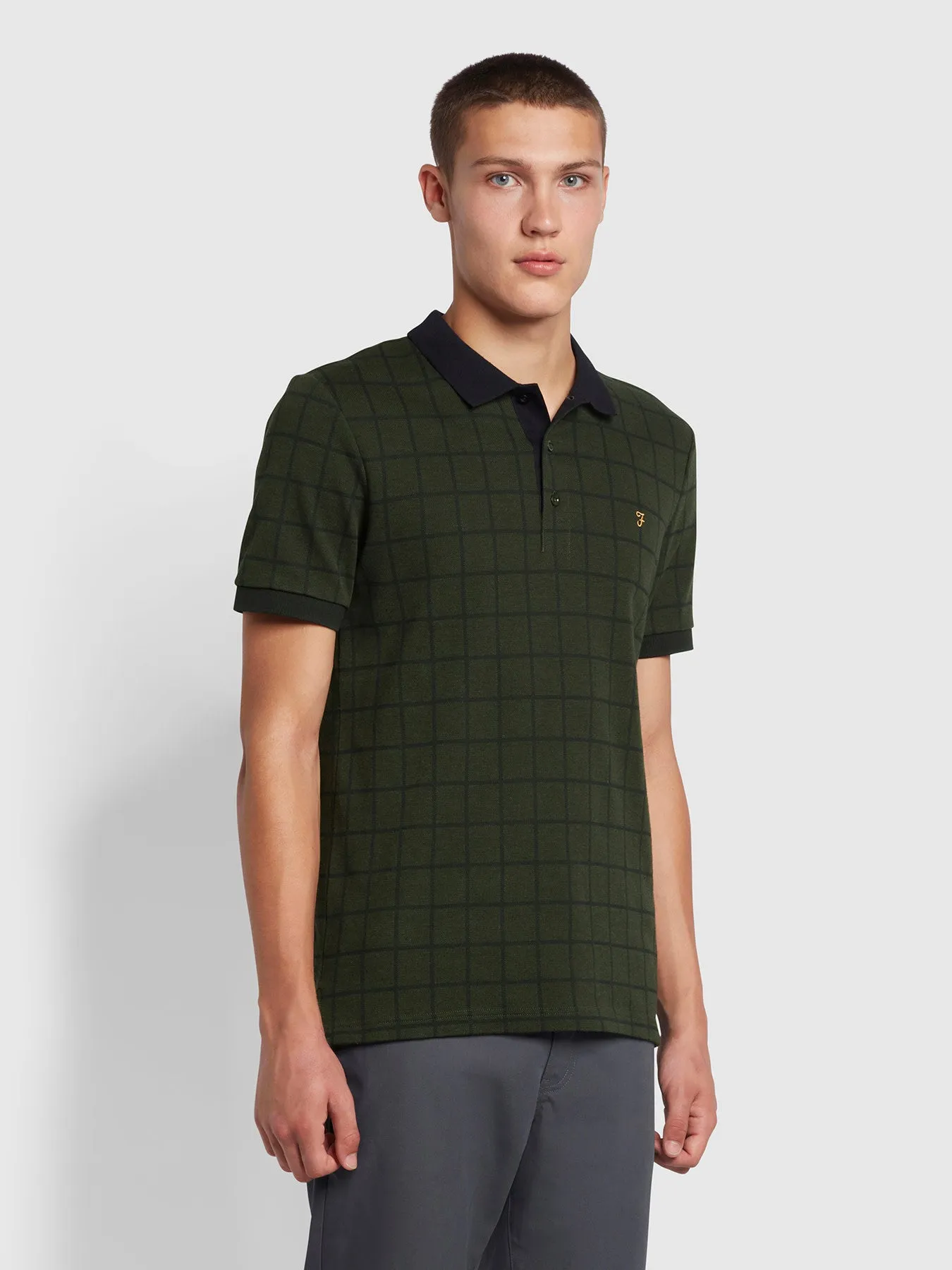 Hunningale Slim Fit Check Organic Cotton Polo Shirt In Evergreen sold by Farah