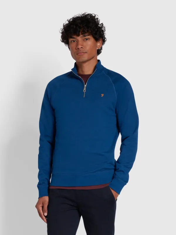 Jim Organic Cotton Quarter Zip Sweatshirt In Blue Peony made by Farah