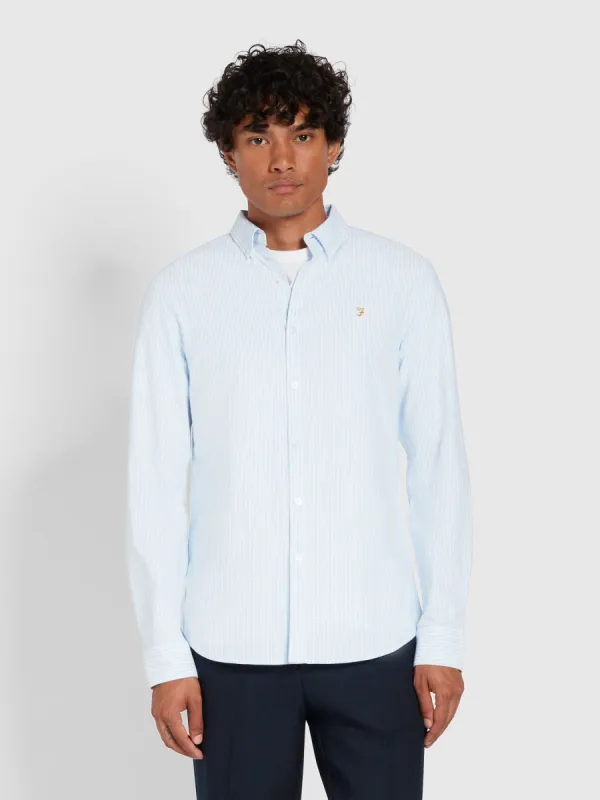 Brewer Slim Fit Striped Organic Cotton Oxford Shirt In Sky Blue sold by Farah