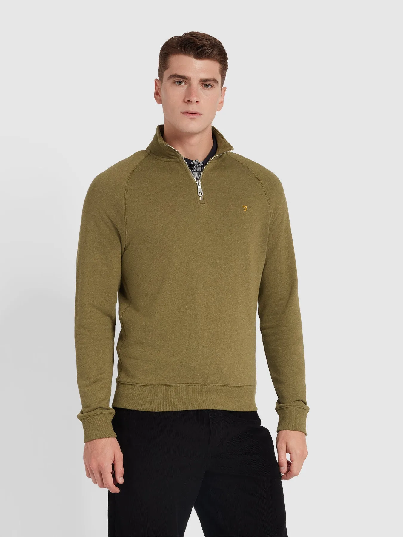 Jim Organic Cotton Quarter Zip Sweatshirt In Farah Khaki Marl sold by Farah