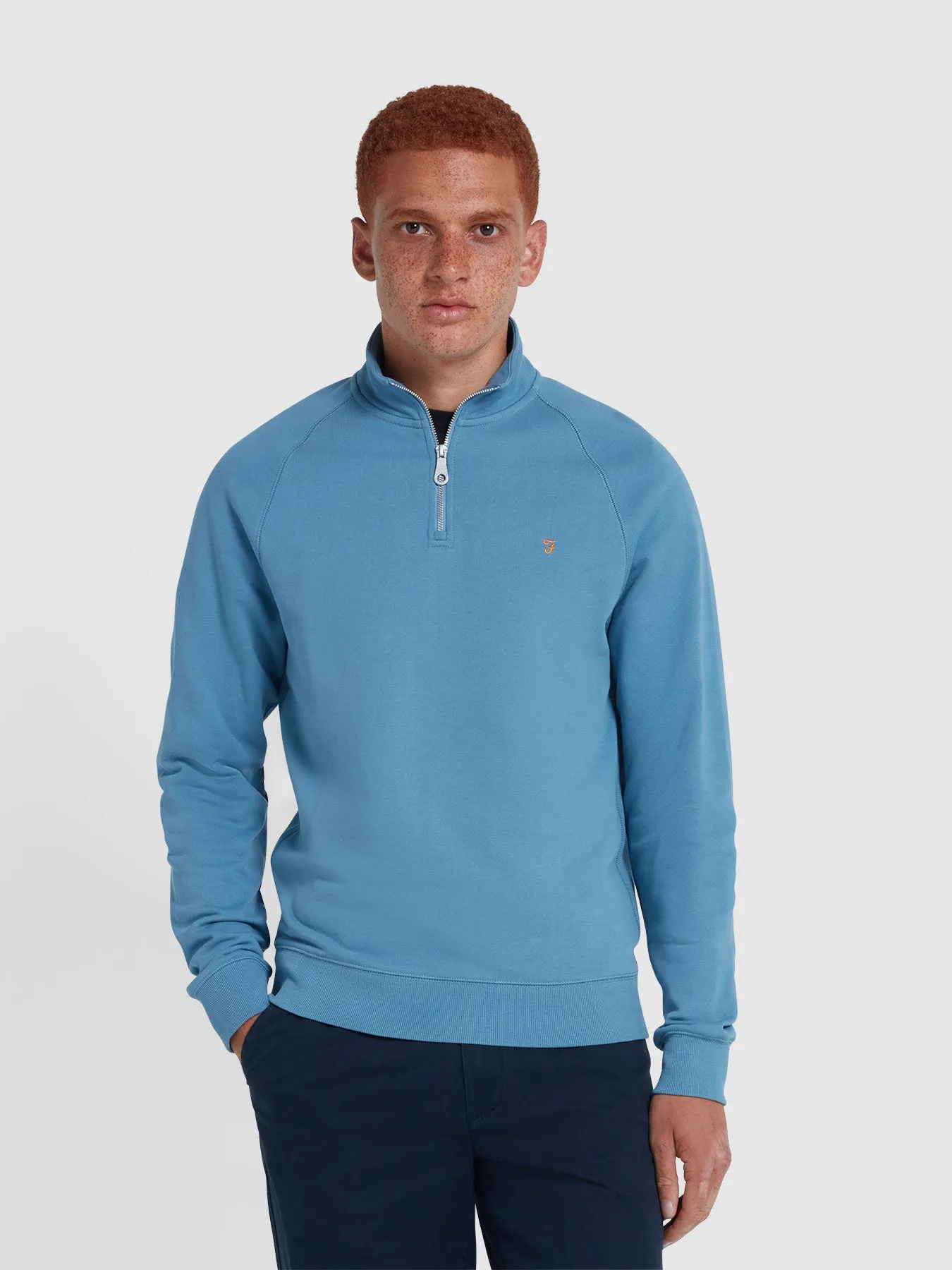 Jim Organic Cotton Quarter Zip Sweatshirt In Para Blue sold by Farah