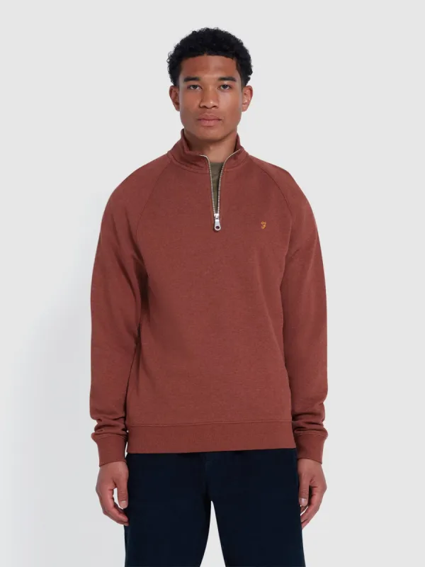 Jim Organic Cotton Quarter Zip Sweatshirt In Dark Teak Marl sold by Farah