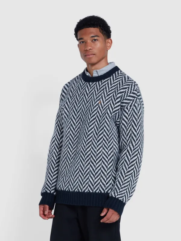 Athens Herringbone Sweater In True Navy sold by Farah