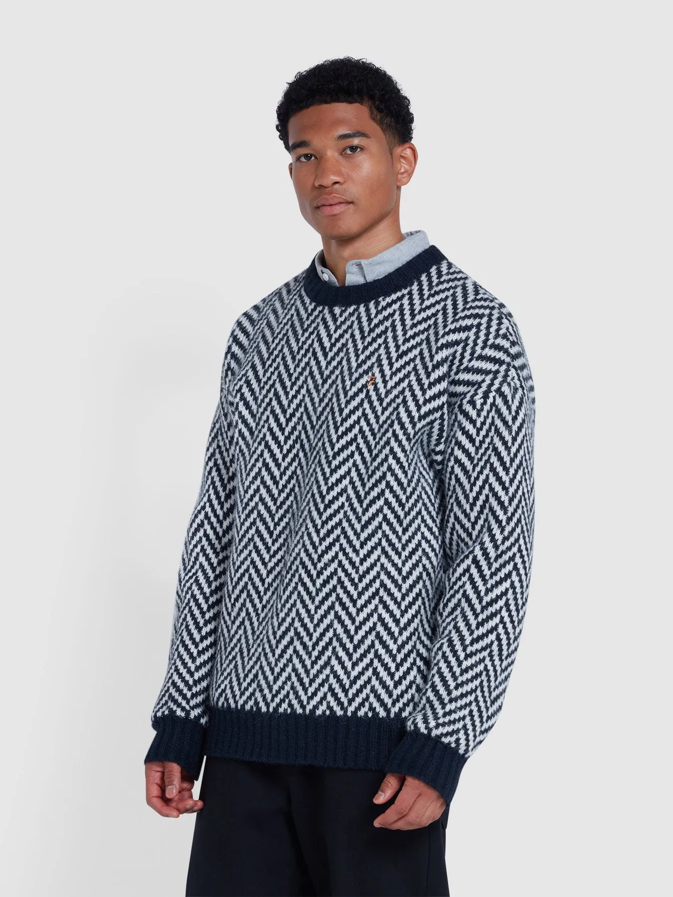 Athens Herringbone Sweater In True Navy sold by Farah