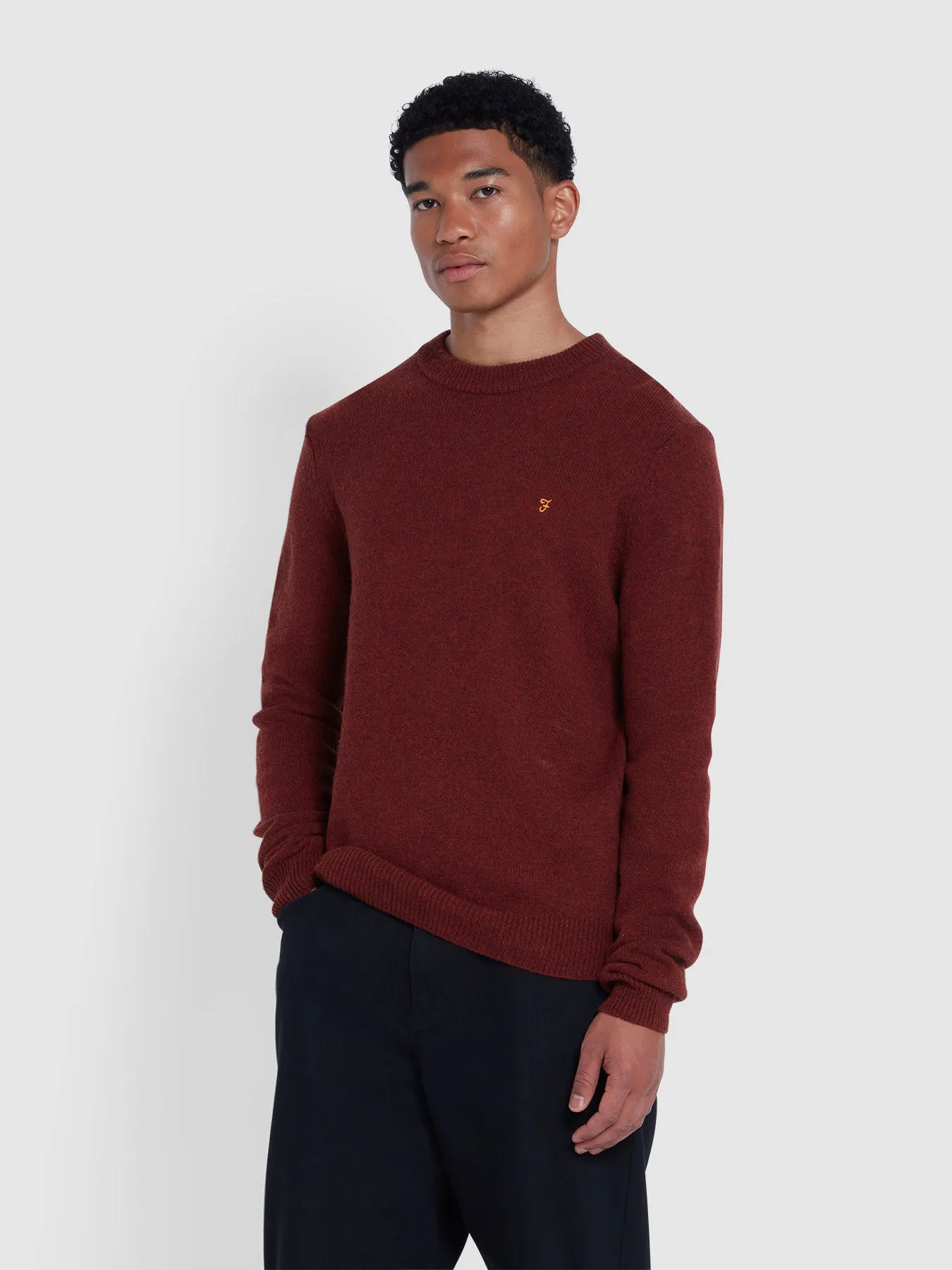 Birchall Crew Neck Lambswool Sweater In Red Venear sold by Farah