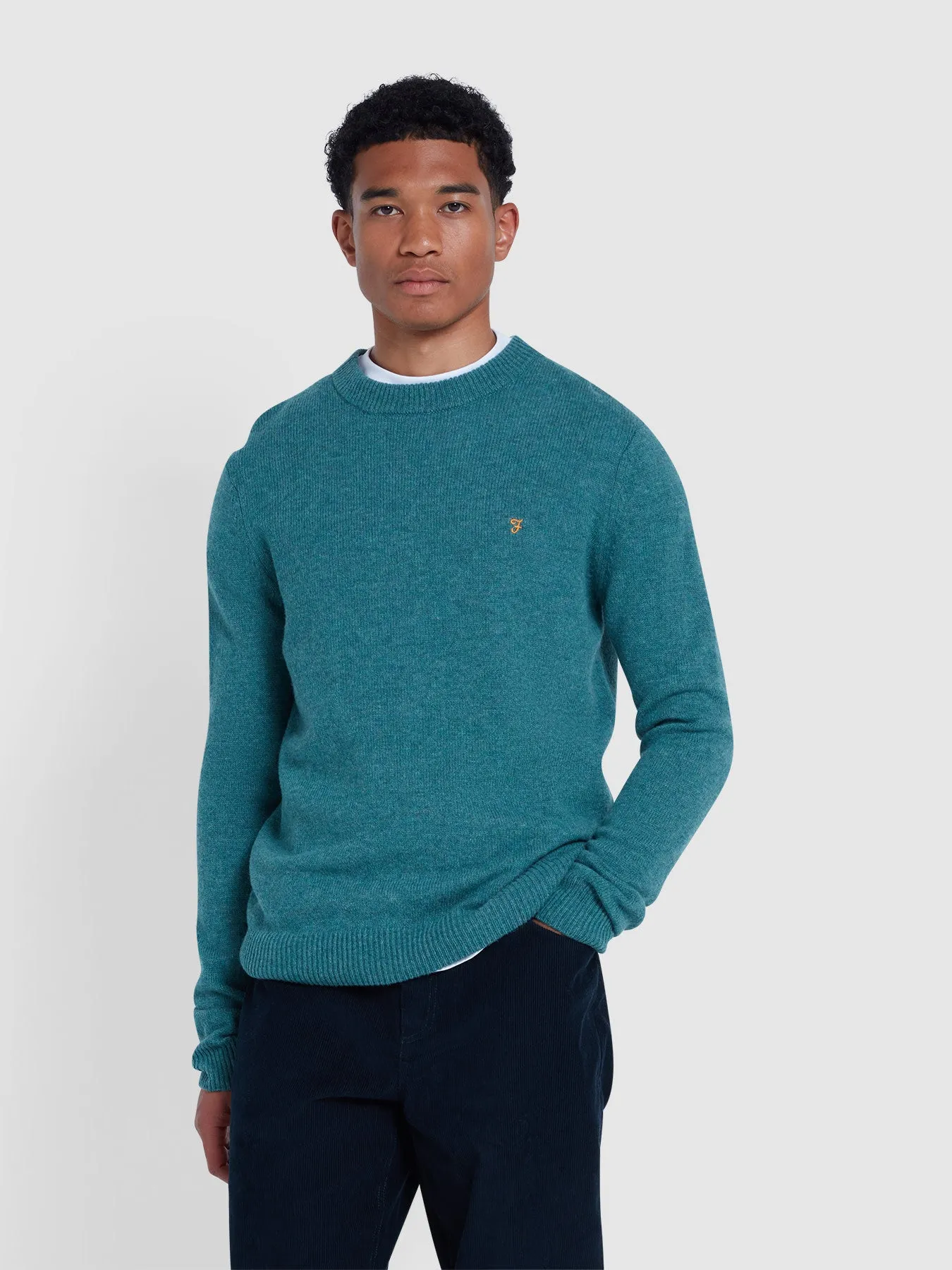 Birchall Crew Neck Lambswool Sweater In Seaport Green sold by Farah