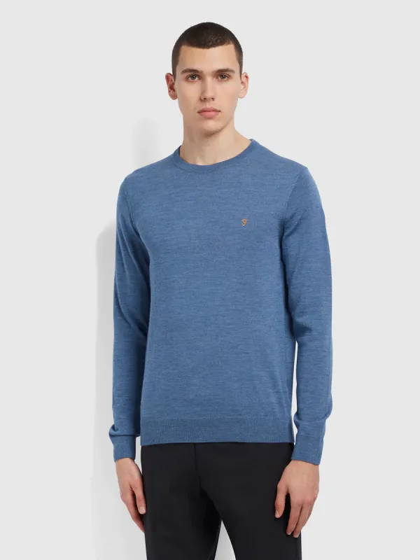 Mullen Merino Wool Crew Neck Sweater In Deep Blue sold by Farah