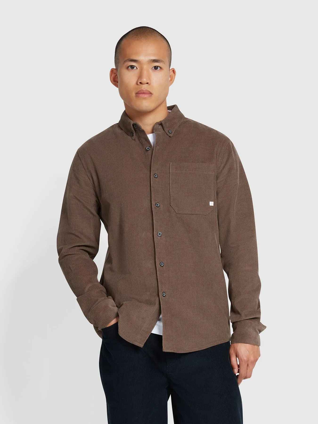 Spencer Casual Fit Corduroy Shirt In Mushroom Grey sold by Farah