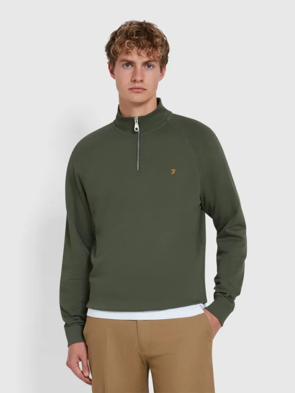 Jim Organic Cotton Quarter Zip Sweatshirt In Rosemary made by Farah