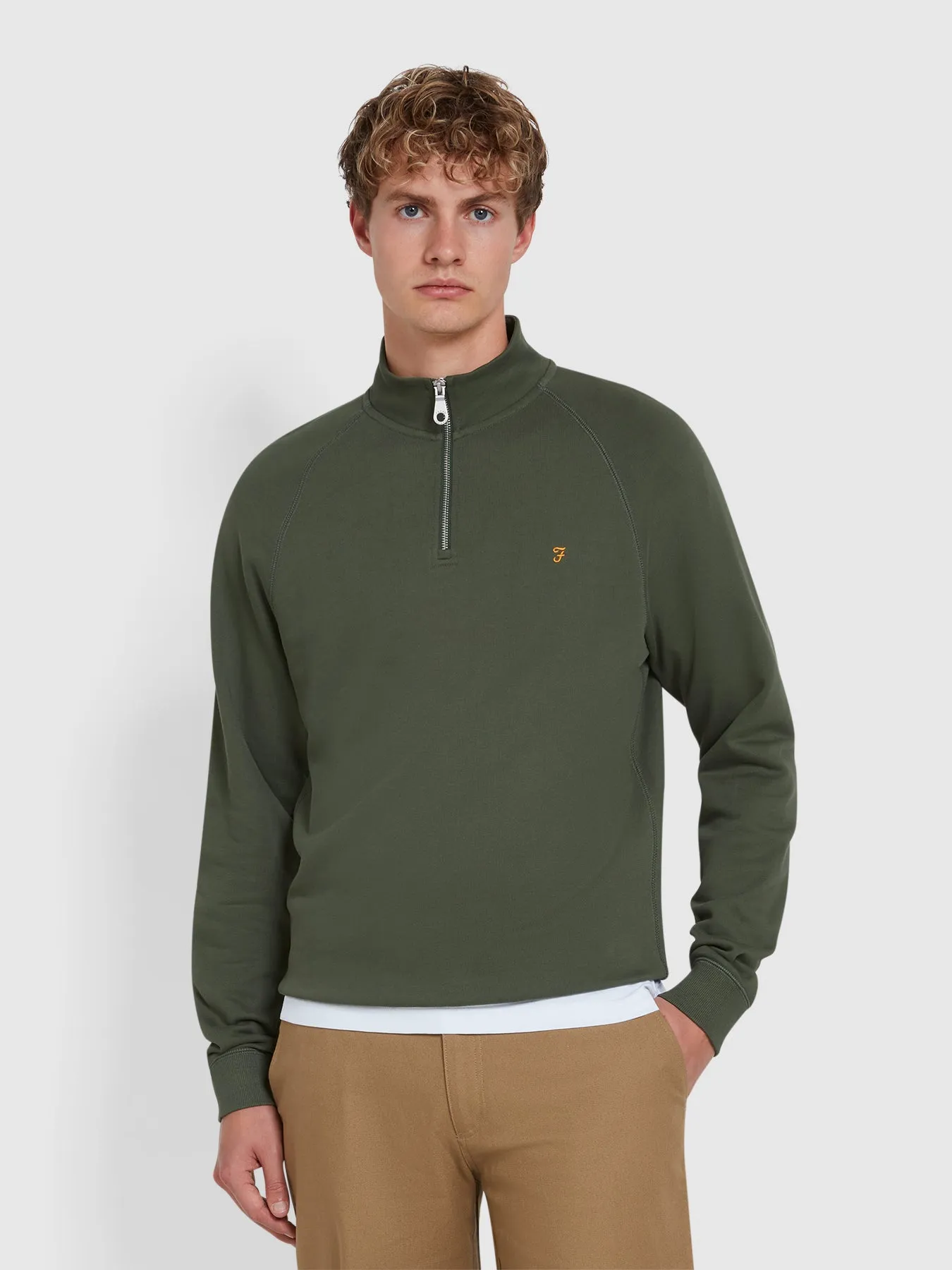 Jim Organic Cotton Quarter Zip Sweatshirt In Rosemary sold by Farah