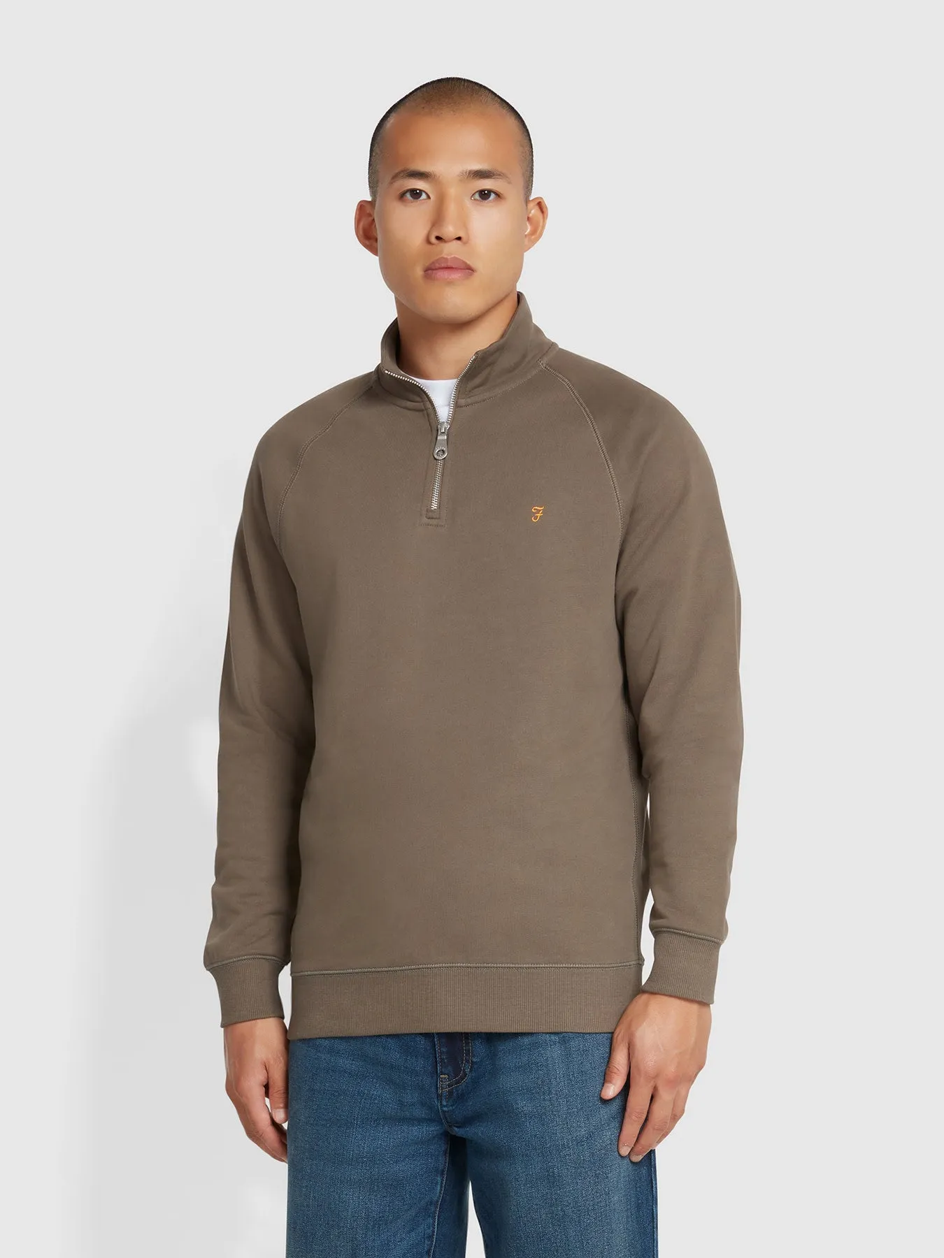 Jim Organic Cotton Quarter Zip Sweatshirt In Mushroom Grey sold by Farah