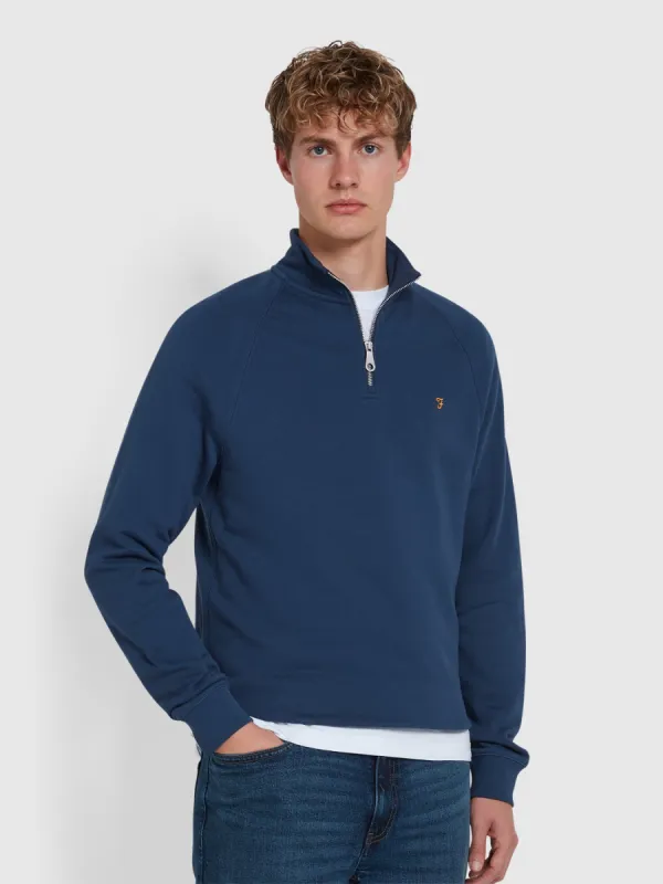 Jim Organic Cotton Quarter Zip Sweatshirt In Deep Blue made by Farah