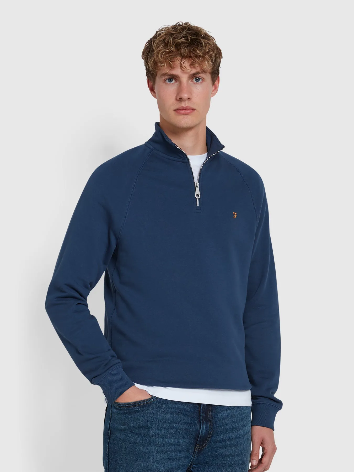 Jim Organic Cotton Quarter Zip Sweatshirt In Deep Blue sold by Farah