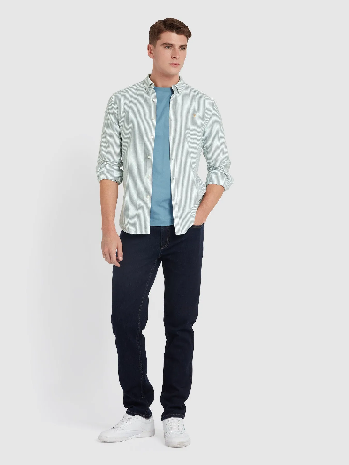 Brewer Slim Fit Striped Organic Cotton Oxford Shirt In Dark Ocean Green sold by Farah product image thumbnail 2