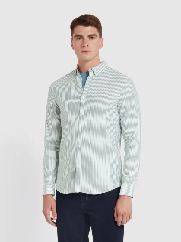 Brewer Slim Fit Striped Organic Cotton Oxford Shirt In Dark Ocean Green made by Farah