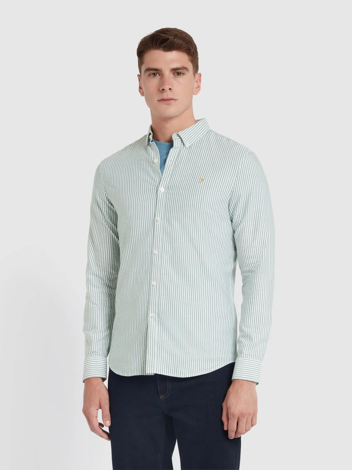 Brewer Slim Fit Striped Organic Cotton Oxford Shirt In Dark Ocean Green sold by Farah