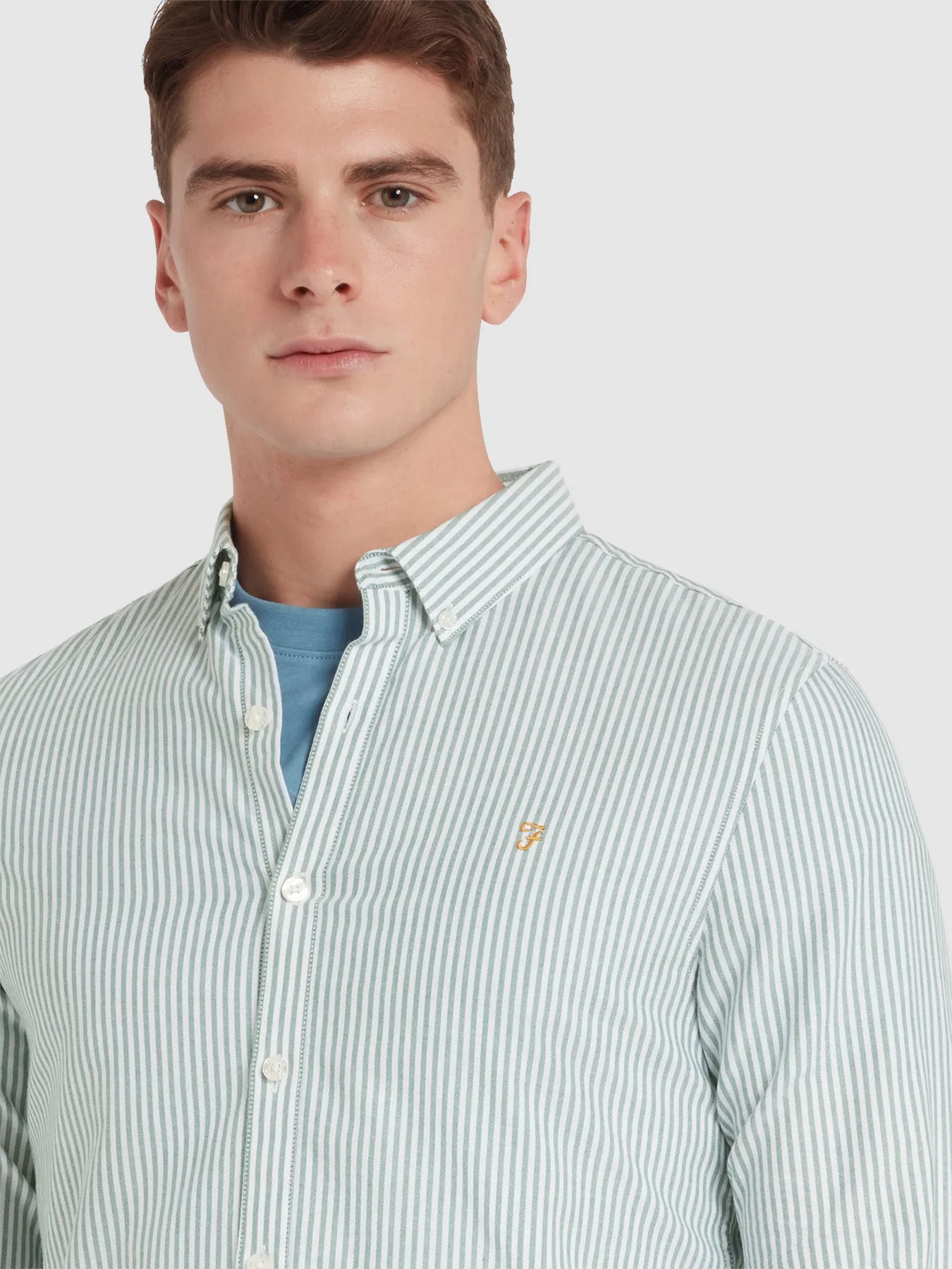 Brewer Slim Fit Striped Organic Cotton Oxford Shirt In Dark Ocean Green sold by Farah product image thumbnail 4