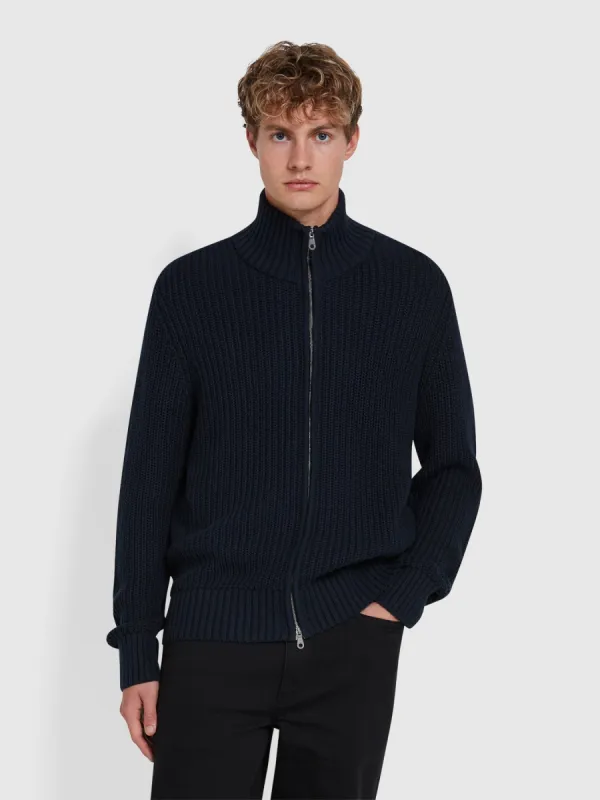 Crestone Zip Through Cardigan In True Navy made by Farah