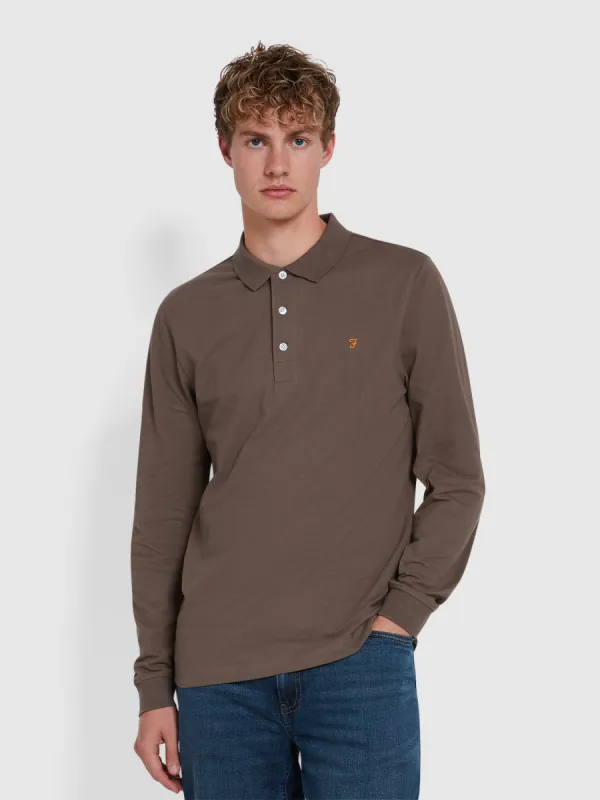 Blanes Organic Cotton Long Sleeve Polo Shirt In Mushroom Grey sold by Farah