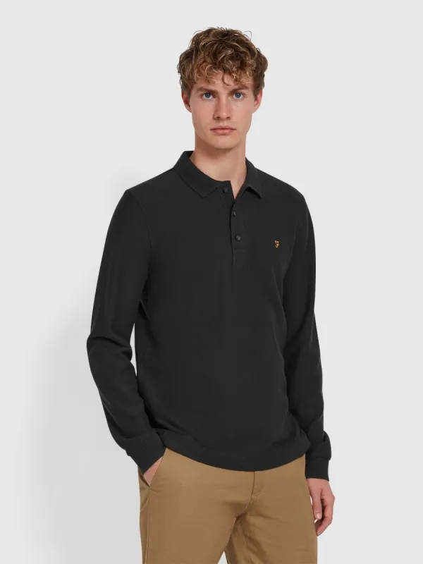 Shasta Jacquard Long Sleeve Polo Shirt In Washed Black sold by Farah