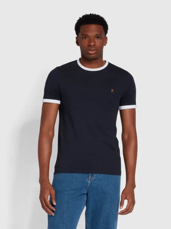 Groves Slim Fit Organic Cotton Ringer T-Shirt In True Navy sold by Farah