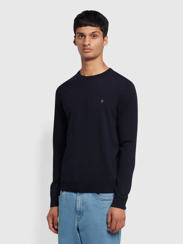 Mullen Merino Wool Crew Neck Sweater In Navy sold by Farah
