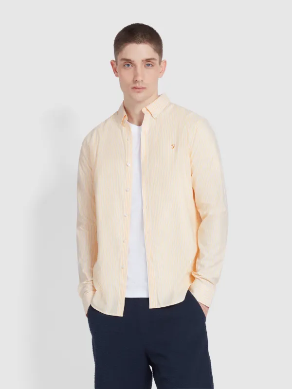 Brewer Slim Fit Striped Organic Cotton Oxford Shirt In Saffron Yellow sold by Farah