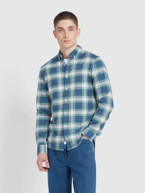 Brewer Slim Fit Check Organic Cotton Oxford Shirt In Cold Metal sold by Farah