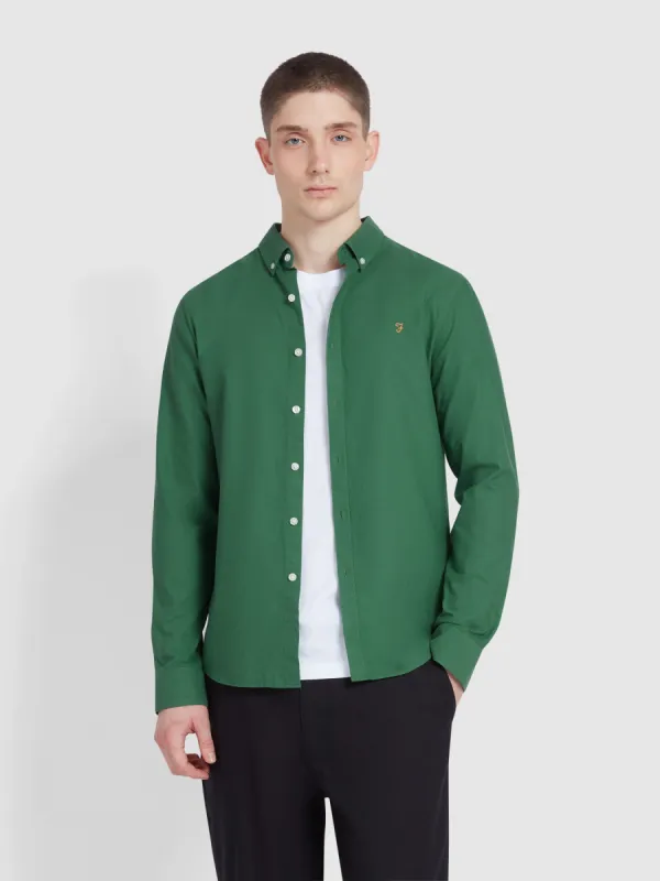 Brewer Slim Fit Organic Cotton Oxford Shirt In Green Meadow made by Farah