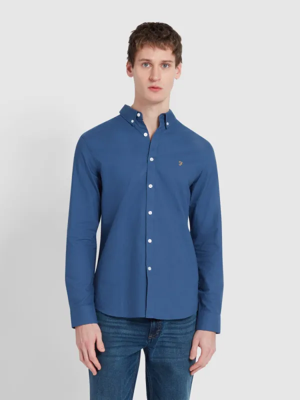 Brewer Slim Fit Organic Cotton Oxford Shirt In Cold Metal sold by Farah