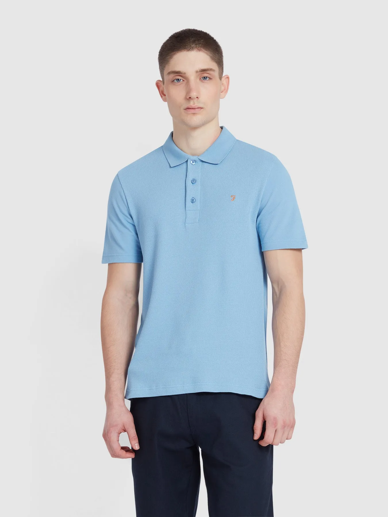 Forster Textured Polo Shirt In Powder Blue sold by Farah