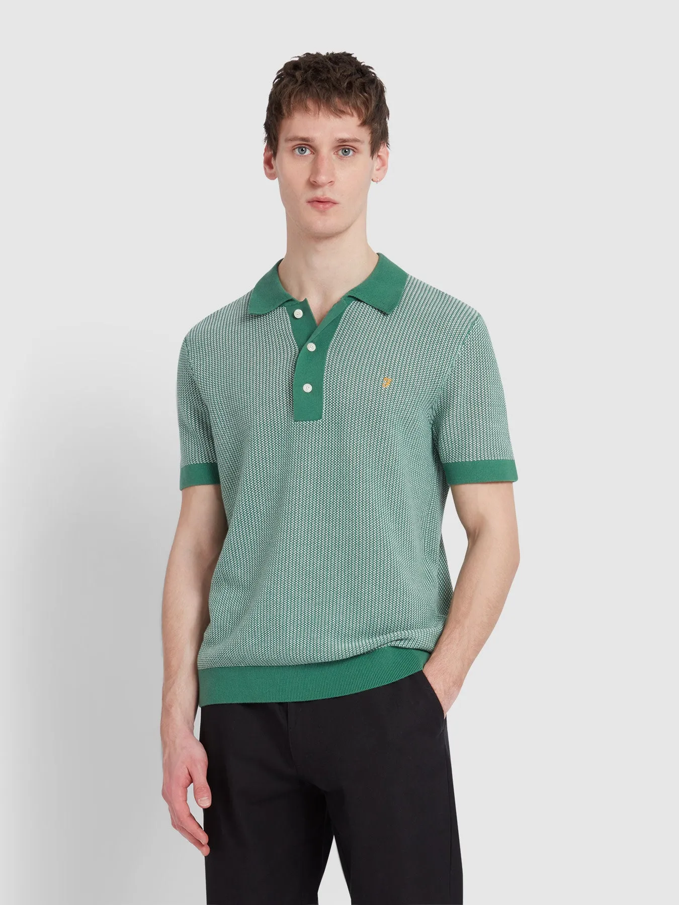 Sandford Knitted Polo Shirt In Green Meadow sold by Farah
