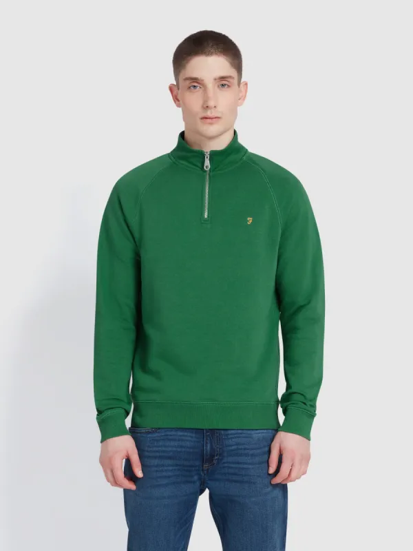 Jim Organic Cotton Quarter Zip Sweatshirt In Green Meadow sold by Farah