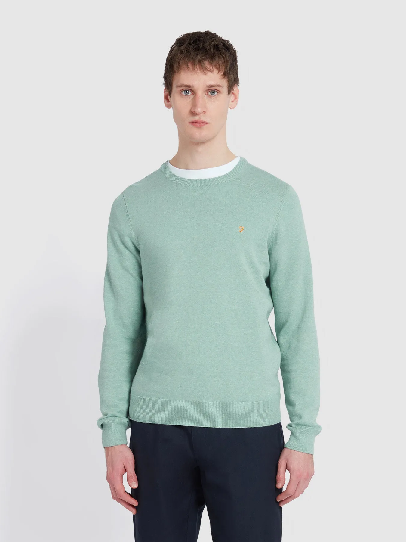 Mullen Cotton Crew Neck Sweater In Grove Green Marl sold by Farah
