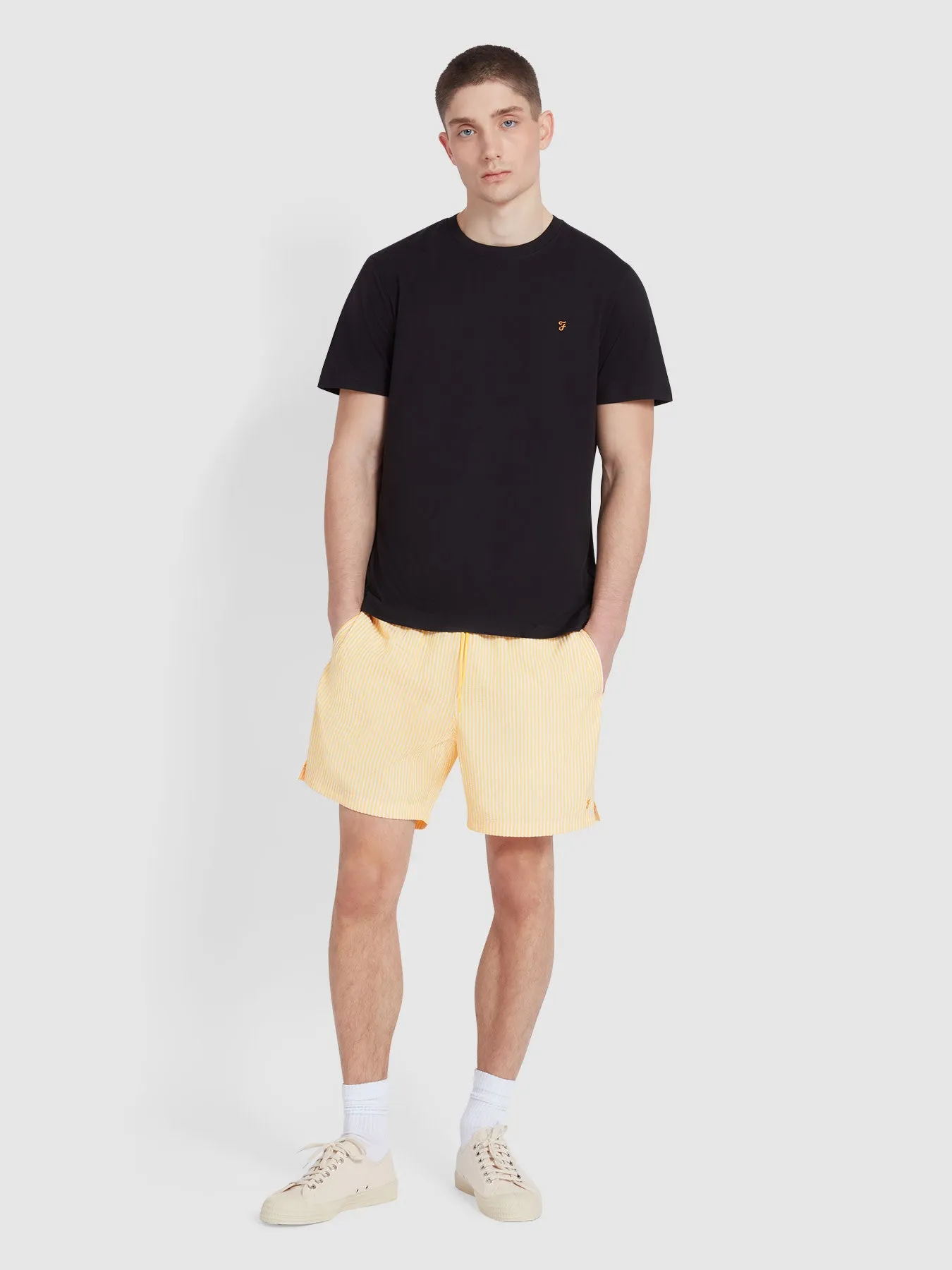 Colbert Seersucker Stripe Swim Shorts In Saffron Yellow sold by Farah