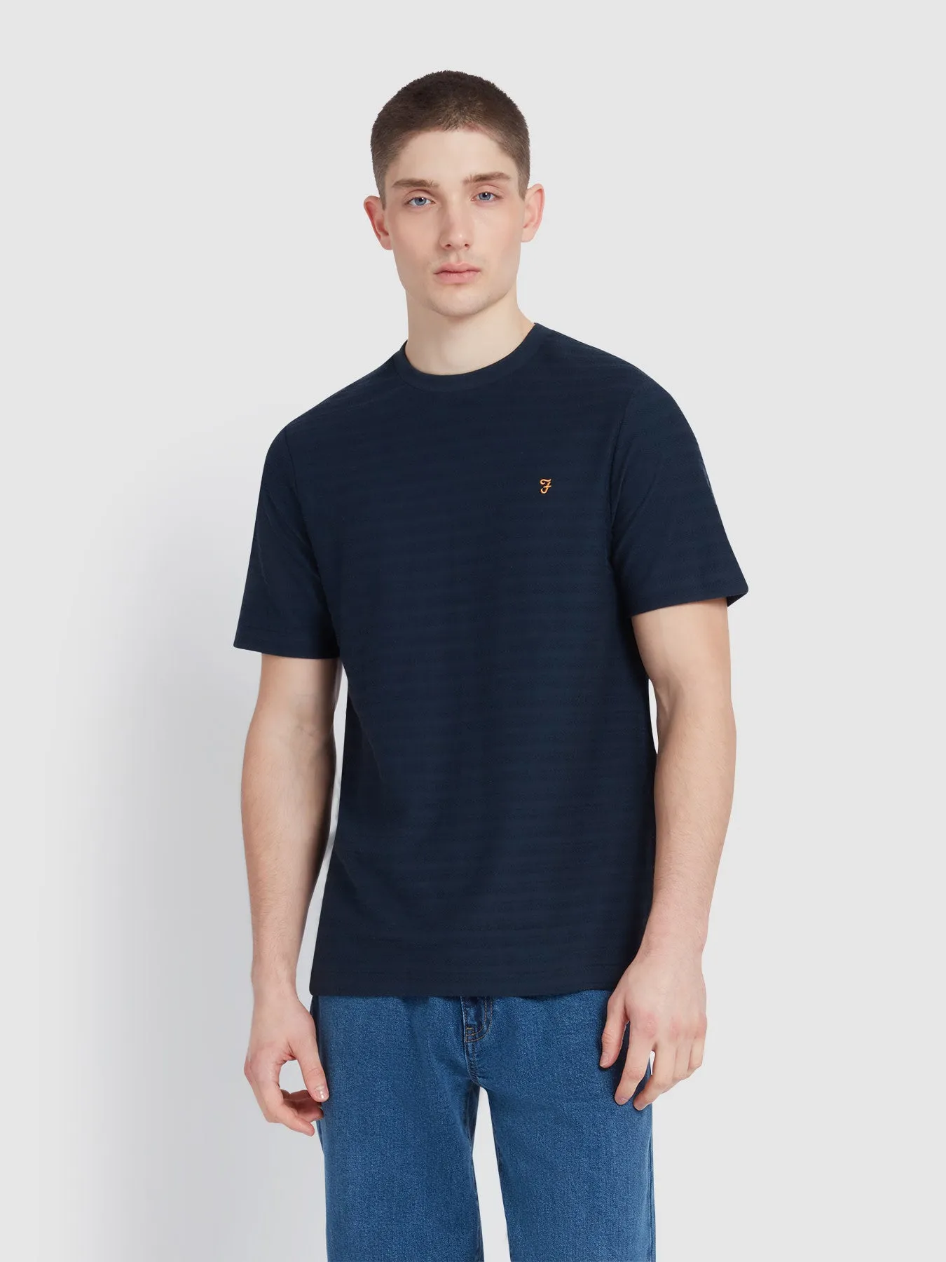 Talwin Jacquard Stripe T-Shirt In True Navy sold by Farah