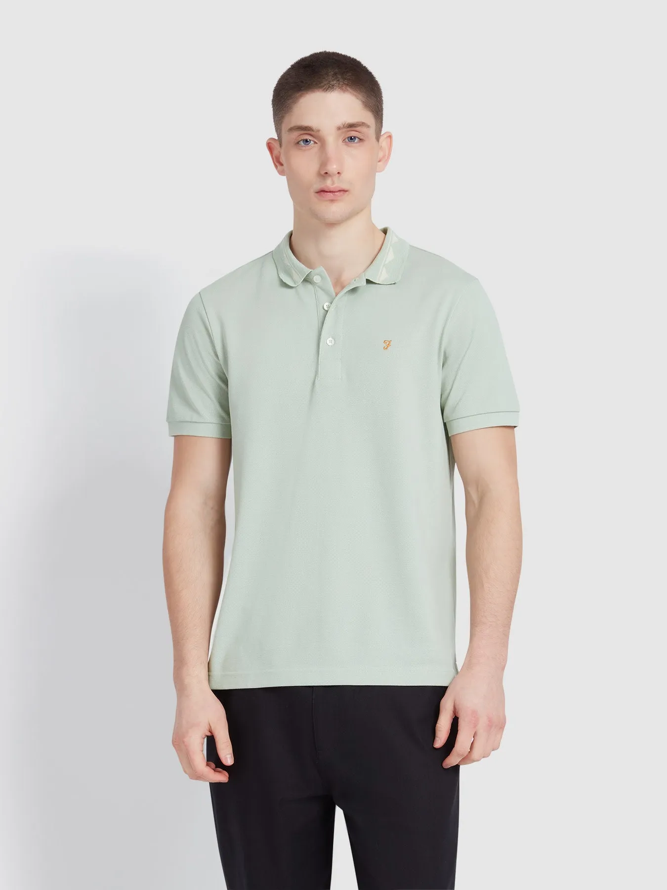Reeves Zig Zag Tipped Collar Polo Shirt In Grove Green sold by Farah