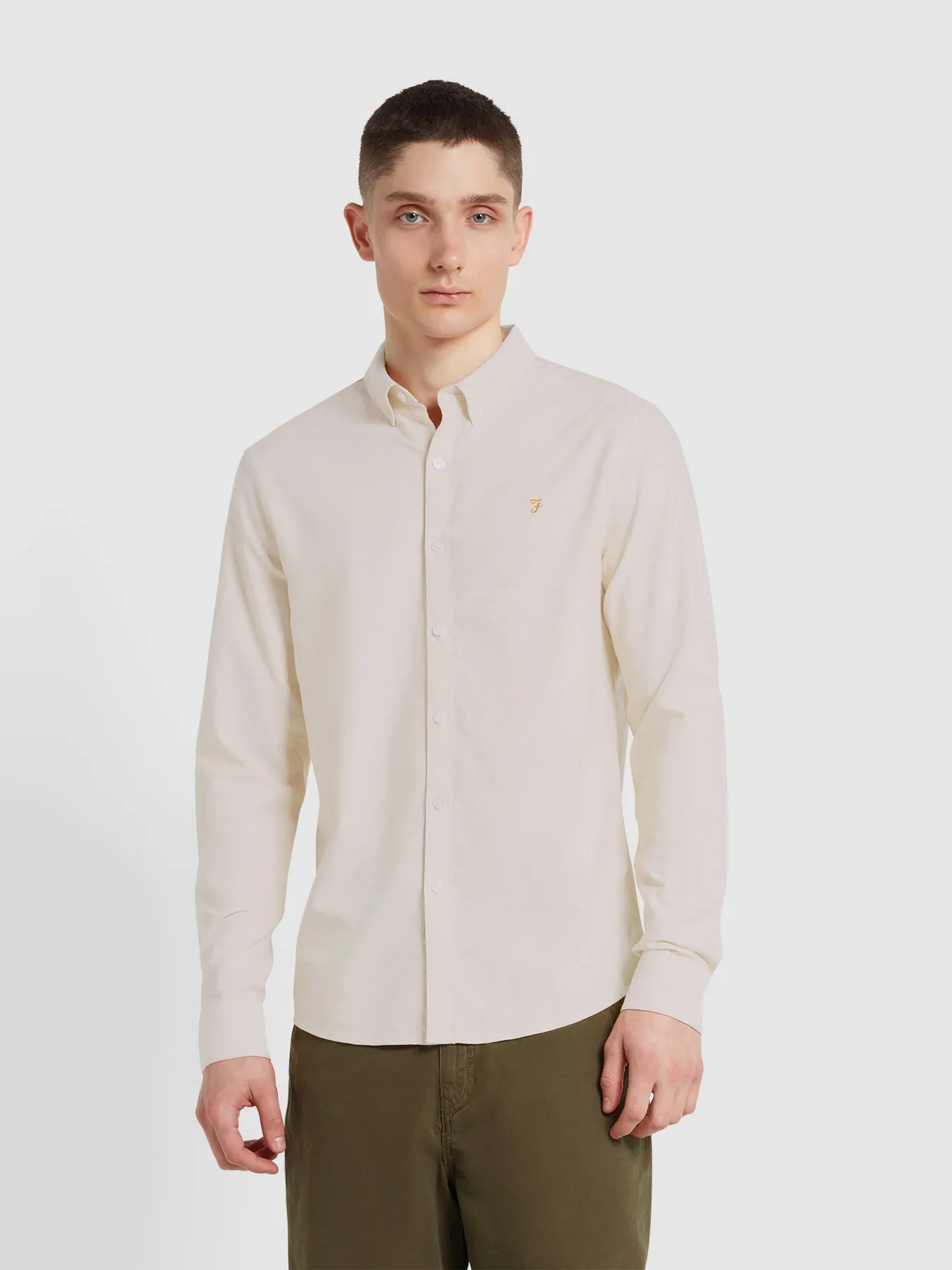 Brewer Slim Fit Organic Cotton Oxford Shirt In Ecru sold by Farah