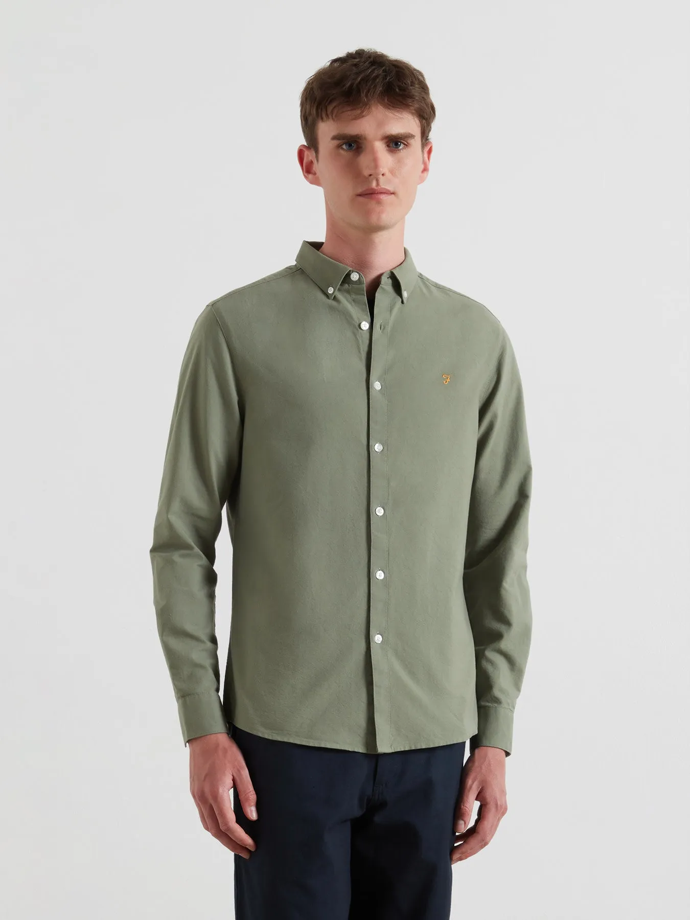 Brewer Slim Fit Organic Cotton Oxford Shirt In Tarragon Green sold by Farah