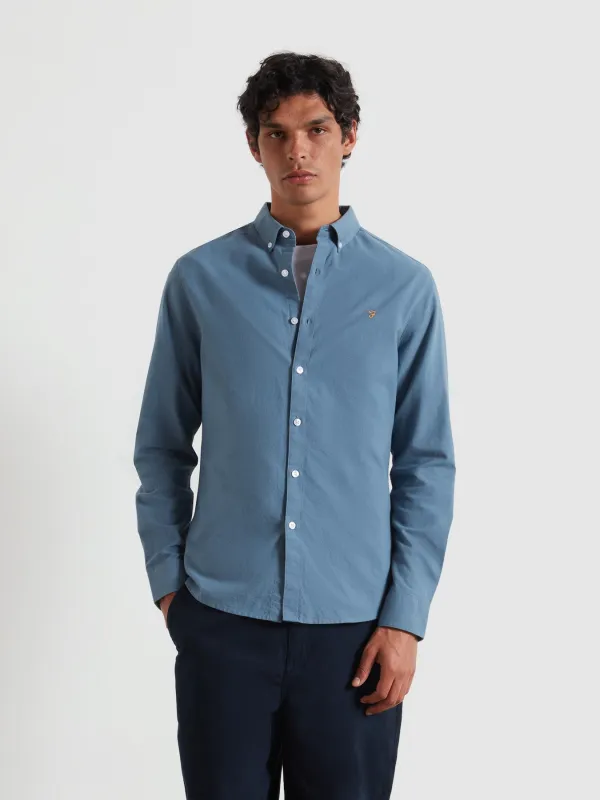Brewer Slim Fit Organic Cotton Oxford Shirt In Chalk Blue sold by Farah