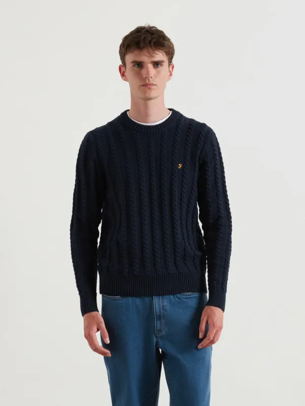 Knight Cable Knit Sweater In True Navy sold by Farah