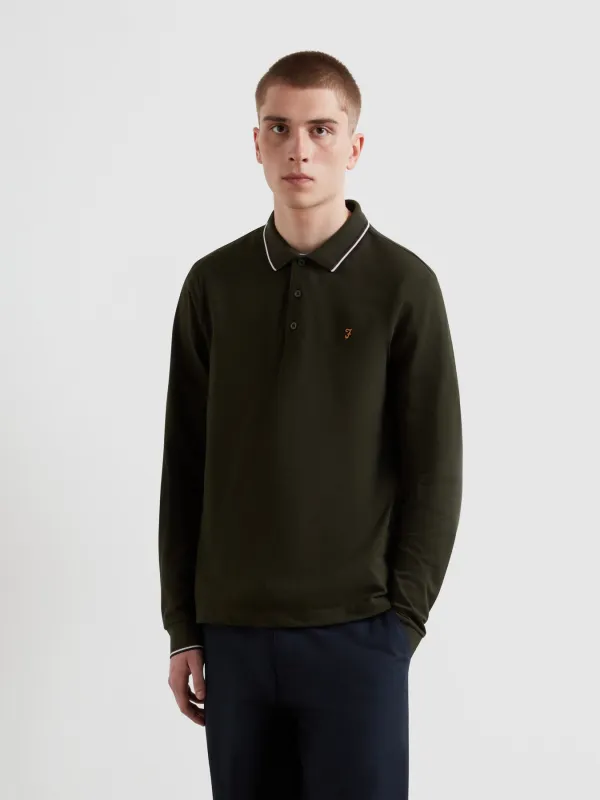 Elton Tipped Long Sleeve Polo Shirt In Evergreen sold by Farah